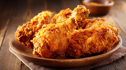Rustic Wood Table Showcasing Crunchy Fried Chicken Leg
