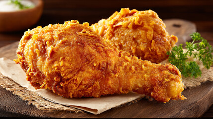 Rustic Wood Table Showcasing Crunchy Fried Chicken Leg