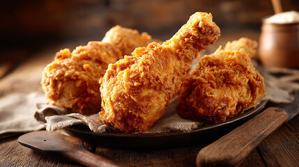 Rustic Wood Table Showcasing Crunchy Fried Chicken Leg