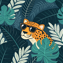 Seamless vector illustration - cartoon leopard in sunglasses surrounded by tropical leaves, for Clothing manufacturers, prints, children's products, notebook covers