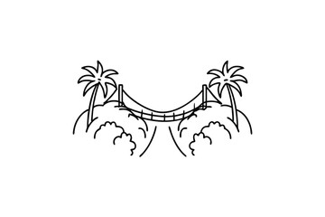 Tropical island suspension bridge line art illustration