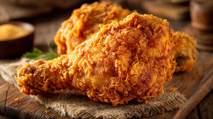 Rustic Wood Table Showcasing Crunchy Fried Chicken Leg