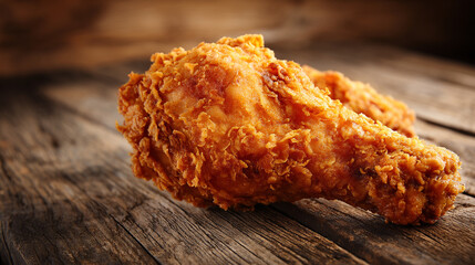 Rustic Wood Table Showcasing Crunchy Fried Chicken Leg