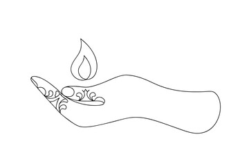 Ornate hand holding a single flame line-art design