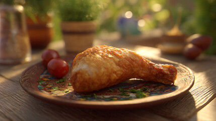 Rustic Wood Table Showcasing Crunchy Fried Chicken Leg