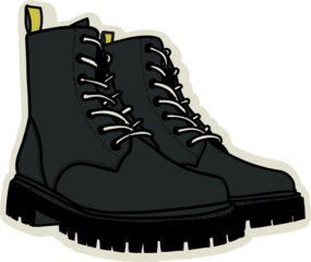 Black lace-up boots are showing chunky soles on transparent base in cartoon rendering, copy space
