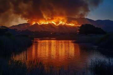 California River Fire engulfing hills near Salinas in Monterey County as flames reflect in the water during twilight hours