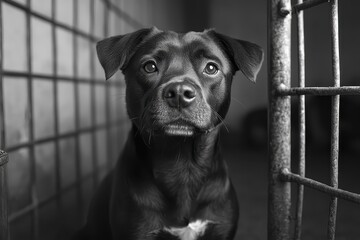 Old dog looking for a loving home at an animal shelter in a quiet setting during daylight hours