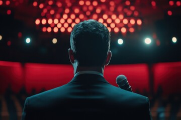 Speaker delivers an engaging presentation at a bright venue with a microphone while facing an attentive audience during a future event