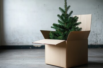Carton box containing a removed Christmas tree during the post-holiday cleanup in an empty room