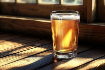 Refreshing glass of beer resting on a wooden table by the window in a warm, cozy setting evoking relaxation and comfort during the late afternoon hours