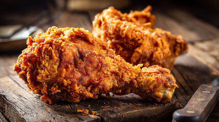 Rustic Wood Table Showcasing Crunchy Fried Chicken Leg