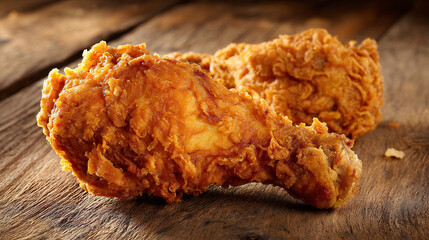 Rustic Wood Table Showcasing Crunchy Fried Chicken Leg