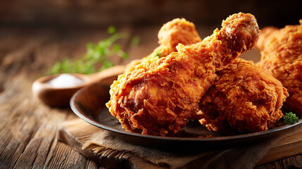 Rustic Wood Table Showcasing Crunchy Fried Chicken Leg