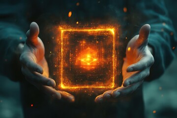 Doctor presents a glowing digital shield symbolizing protection and innovation in a clinical setting, showcasing advanced technology and medical expertise in a contemporary environment