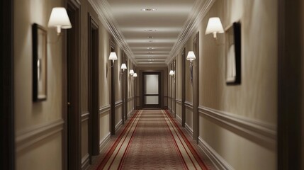 Elegant Hotel Corridor with Soft Lighting and Classic Decor Enhancing the Ambiance of the Space