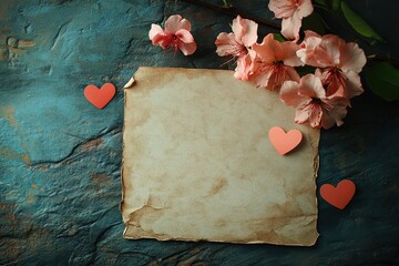 Empty greeting card surrounded by pink flowers and red hearts on a textured blue surface showcasing a serene and romantic atmosphere