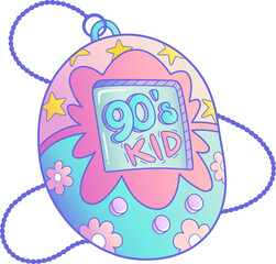 Flat pastel virtual-pet is floating on transparent bg showing 90's Kid screen and bead strap