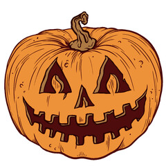 Jack-o'-lantern is being shown in flat design with carved eyes jagged grin, transparent background