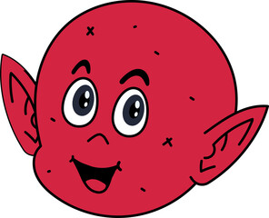 Cartoon red spherical head is smiling, showing elf ears in flat design on transparent background