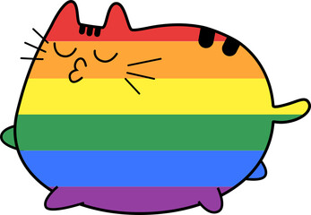 Cartoon cat creature is being shown in flat design with rainbow stripes on transparent background