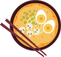 Stylized flat ramen bowl is showing eggs, mushrooms, chopsticks, red dots on transparent background