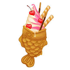 Flat fish-waffle cone on clear background is showing pink-white swirl with cherries and toppings
