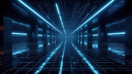 Obraz premium Neon Blue Cyberpunk Corridor with Glowing Grid Floor and Walls