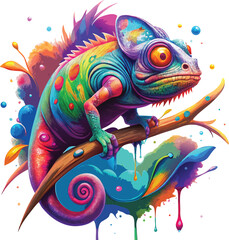 Vibrant chameleon on branch with colorful paint splashes