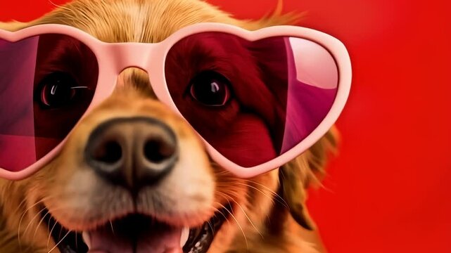 Happy Dog with Heart-Shaped Sunglasses. A delightful close-up of a happy, medium-sized dog wearing pink, heart-shaped sunglasses. The dog is smiling broadly with its tongue visible, set against a soli