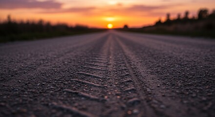 Gravel Road Sunset with Tire Marks and Blurred Horizon