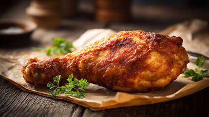 High-Resolution Chicken Leg with Rustic Texture and Lighting