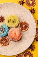 Chinese mooncake is an Asian sweet dessert. Asian mooncake as a background for your design