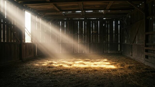 Sunbeams Illuminating Dusty Barn Interior - A sunbeam streams through a window in an old, rustic wooden barn, illuminating a patch of hay on the dusty floor.