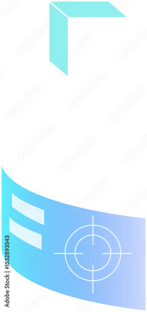 Poster 3d vector cube is hovering above gradient ribbon, showing target icon on transparent background