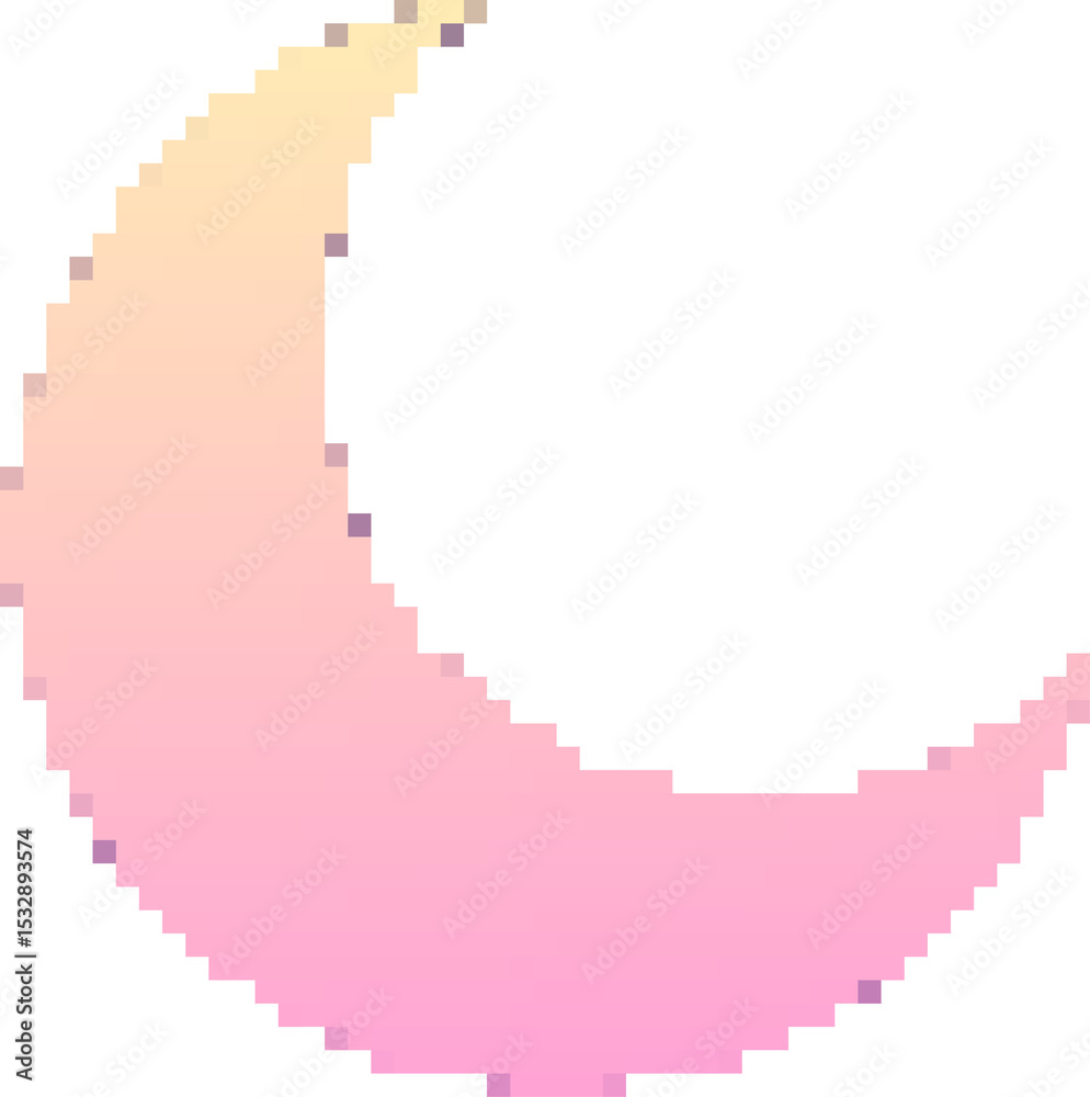 Poster gradient pixel art crescent moon is floating on transparent background with smooth pastel gradient