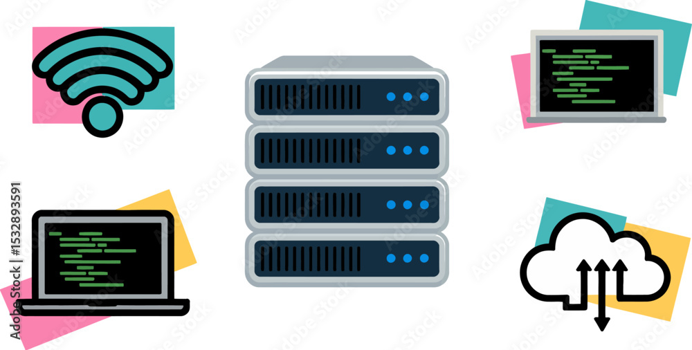 Poster cloud computing server network technology wifi connection data storage laptop coding illustration ed
