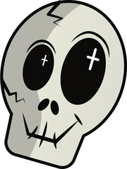 Cartoon skull is floating on transparent background, showing stitched grin and bone cracks