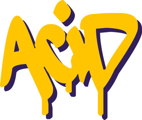 Dripping graffiti-style ACID is popping with yellow fill, purple shadow on transparent background
