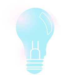 Flat vector blue light bulb icon is glowing with lens flare effects on transparent background