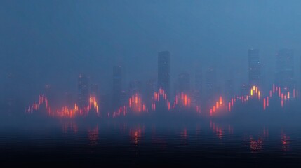 Fototapeta premium Futuristic Candlestick Chart Elements Layered in Misty Cityscape