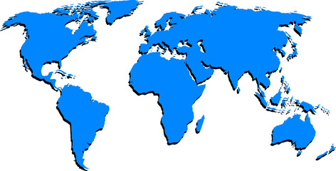 Obraz premium Stylized world map is showing blue black-outlined landmasses in flat style transparent background