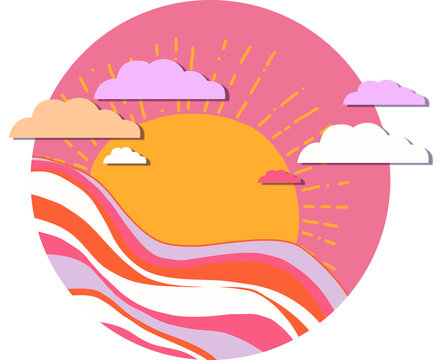 Naklejki Golden sun rising over colorful waves in flat design, with pastel clouds on transparent background