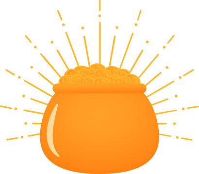 Flat vector pot is overflowing with gold coins, burst lines and sparkles, transparent background