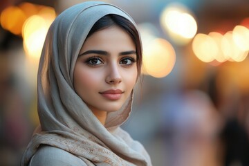 Young Indian Arabic woman engaged in business, showcasing professionalism and confidence in a vibrant marketplace setting during daylight hours