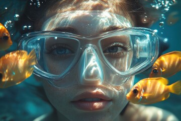 Girl scuba diver explores vibrant underwater world with colorful fish in tropical clear water during sunny day