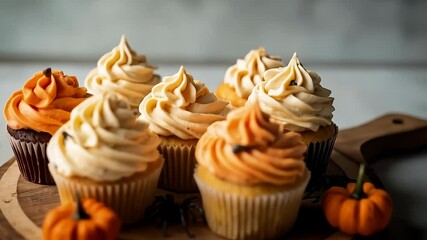 Halloween Cupcakes on Wooden Board. Several Halloween-themed cupcakes with orange and vanilla frosting are arranged on a wooden serving board, along with small pumpkins and plastic spiders. - Powered by Adobe