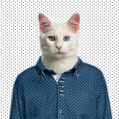 White cat with heterocromia wearing dotted shirt on dotted background