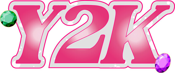 Flat Y2K typography is showing green and purple gem accents with sparkles, transparent background