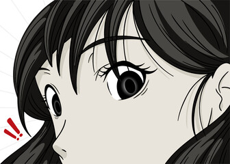 Manga closeup eye is showing surprise with speed lines and red!! symbol on transparent backdrop
